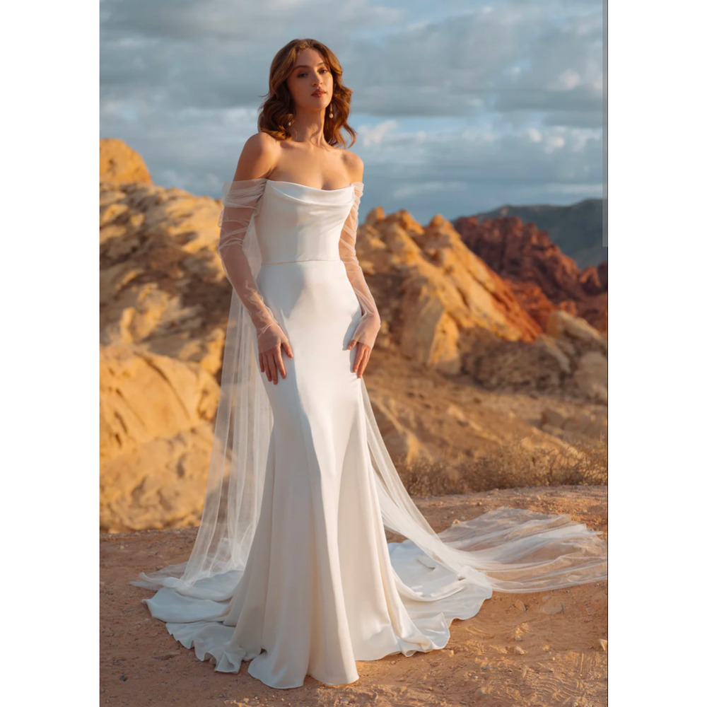 Jenny Yoo White Off-Shoulder Satin Maxi Dress with Sheer Draped Sleeves
